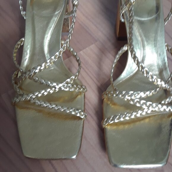 Zara Gold Square Toe Strappy Sandals - Picture 6 of 9
